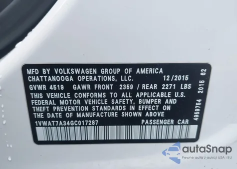 2016 Volkswagen Passat 1.8T S z USA, uszkodzony, nr VIN 1VWAT7A34GC017287